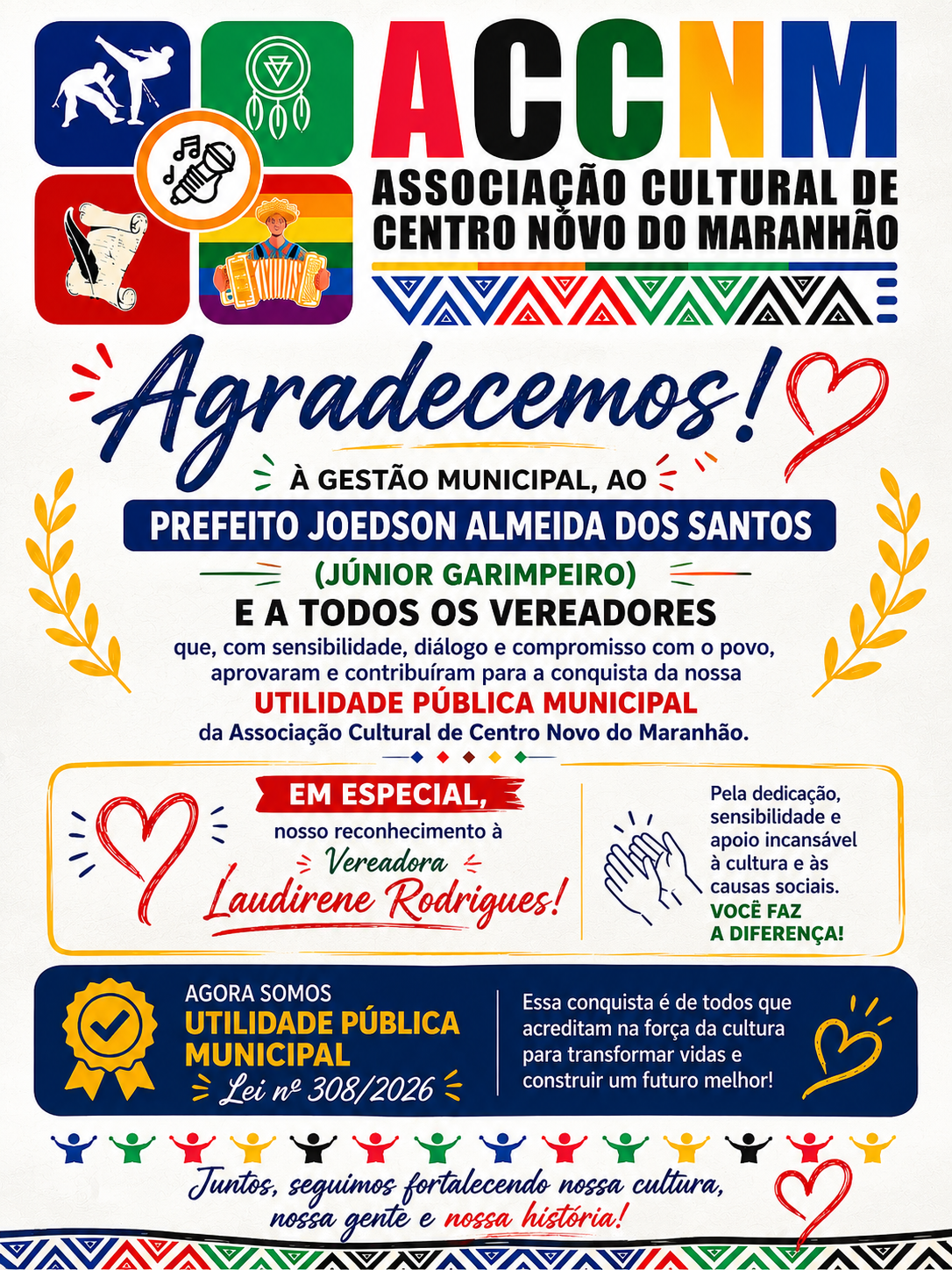 Arte institucional sobre o reconhecimento da ACCNM como entidade de utilidade p&uacute;blica municipal